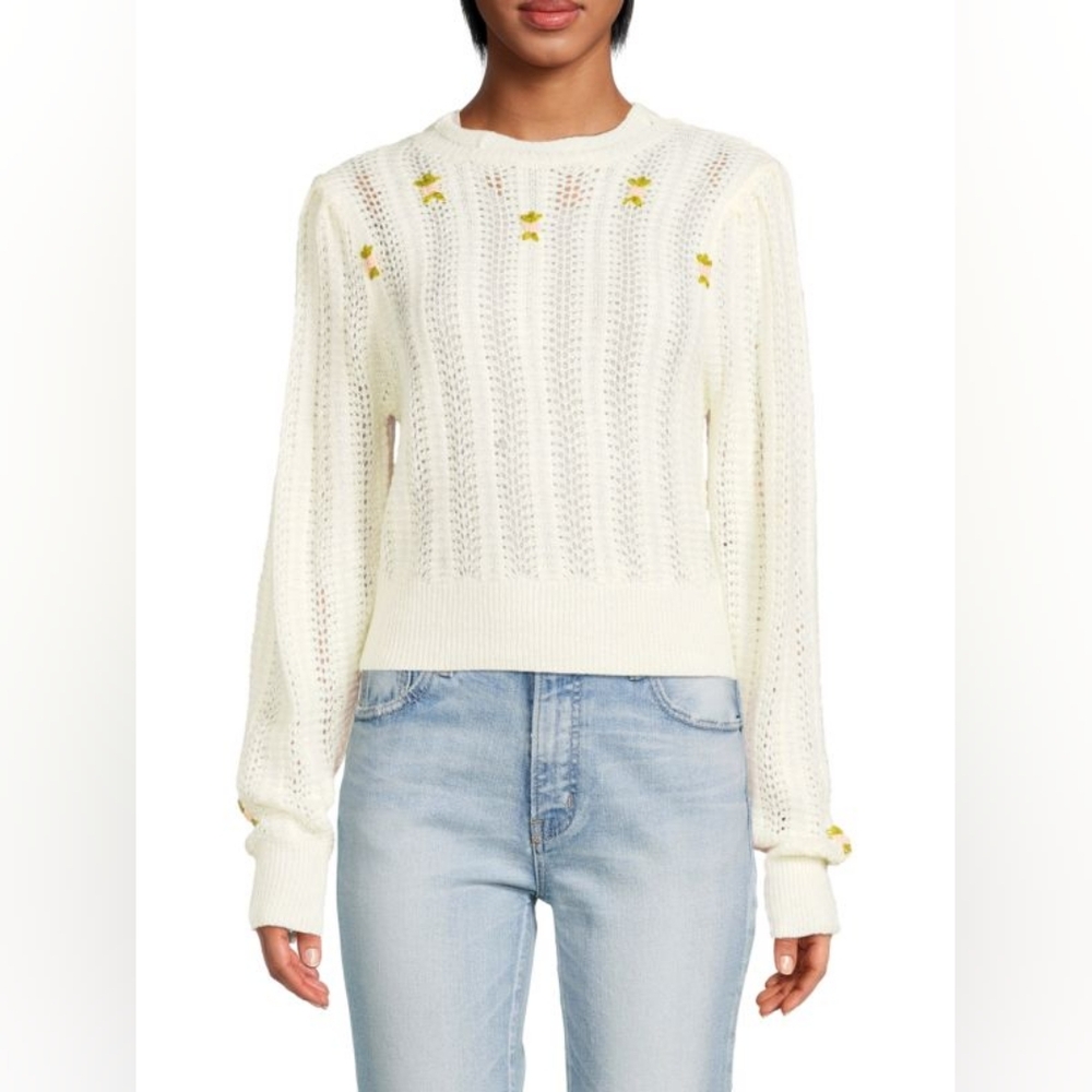 Astr Taya Embroidered Floral Crewneck Sweater in Off White